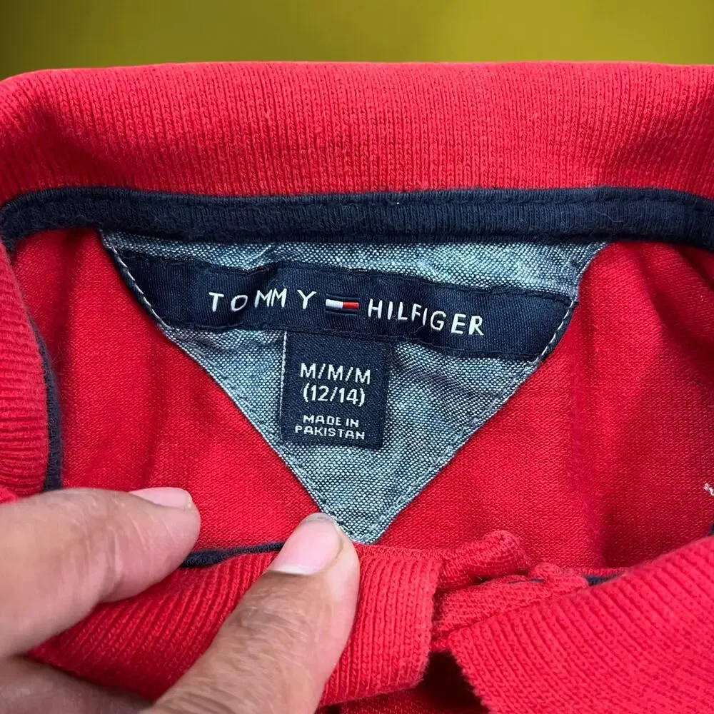 Tommy Hilfiger Polo Boys Medium 12/14 Flag Logo Red Button Up Shirt Embroidered